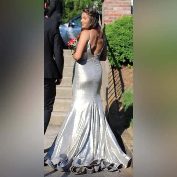 Jovani Silver/Goldish Dress with long, beautiful train - Picture 2 of 4